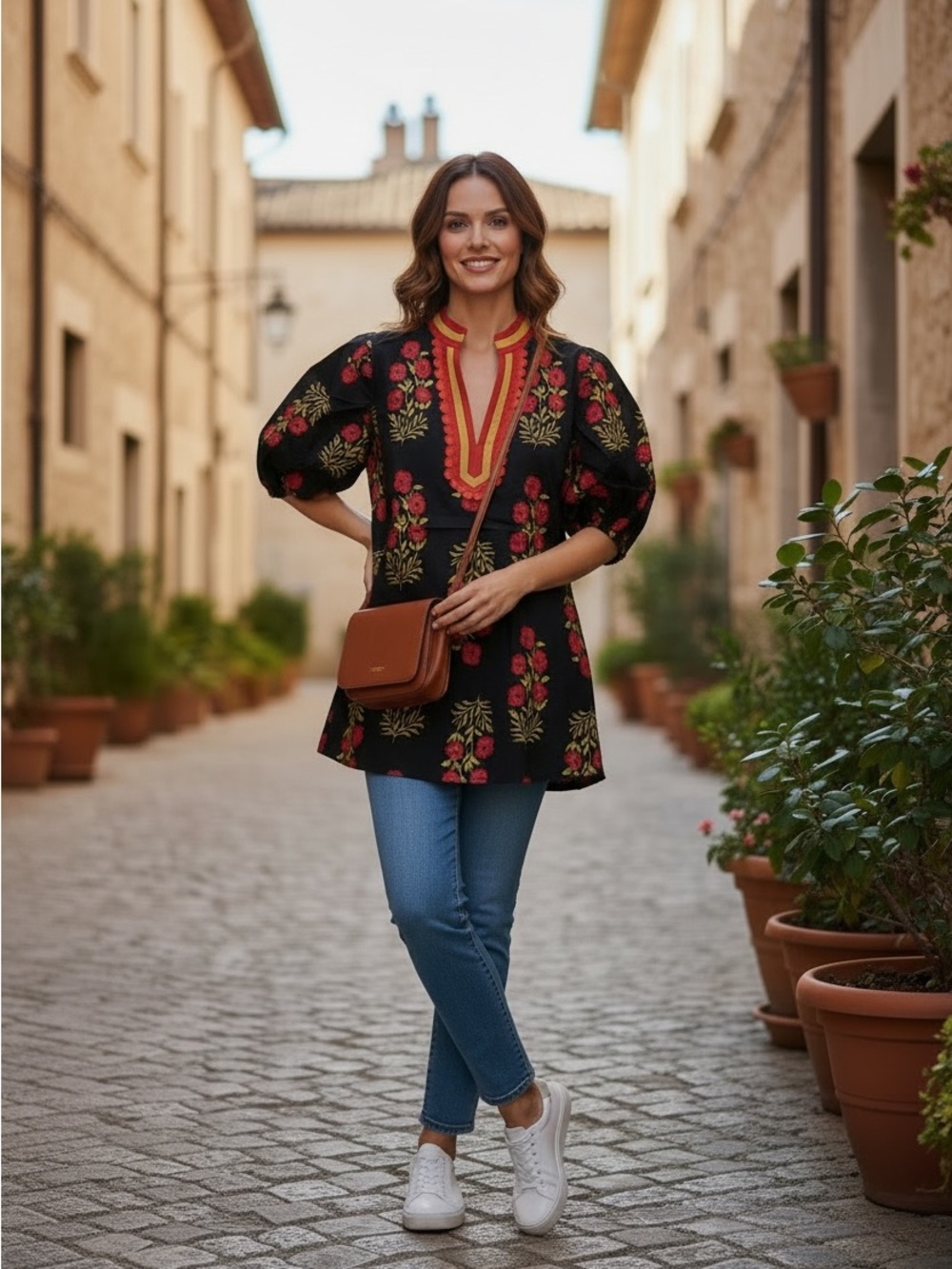 Black Floral Split-Neck Top with Pink & Gold Accents